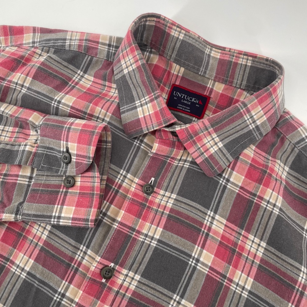 UNTUCKit Shirt Mens Large Red Grey Plaid Jadot Long Sleeve Button Down Cotton